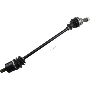 Black metal CV axle shaft with rubber protective boots on both ends and threaded metallic connectors for Polaris RZR 900.