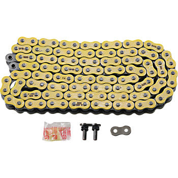 The 530 Max X Chain 120 Links Yellow by RK, made in Japan, is shown coiled with a master link, two connecting pins, and lubricant packet on a white background.