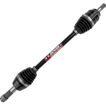 The Honda Axle Lift Kit Heavy Duty Front Left by Demon features a black chromoly steel axle with ribbed rubber boots, metal joints packed with high-load molybdenum grease, and a red and white Demon logo sticker, shown on a white background.