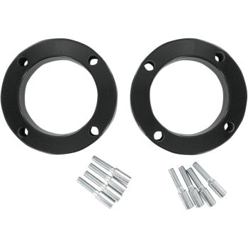 Two round black Honda Wheel Spacer Easy Fit 1.5 4/144 rings by Dura Blue are side by side, each with three holes. Below each spacer, two sets of four silver bolts or studs are arranged parallel as part of the front & rear kit.