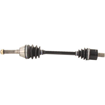 Black metal Polaris Sportsman CV axle kit with rubber protective boots on each end.