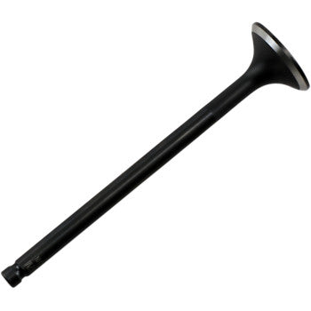 The Honda Exhaust Valve 22.50 mm Standard by Kibblewhite is a black, CNC machined valve with a flat, round head and long straight stem, known for precision and durability, shown against a white background.