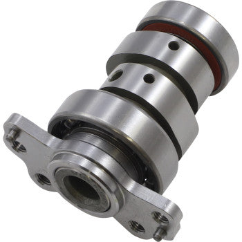 Polished silver metal camshaft with machined grooves and mounting flange for Yamaha engines.