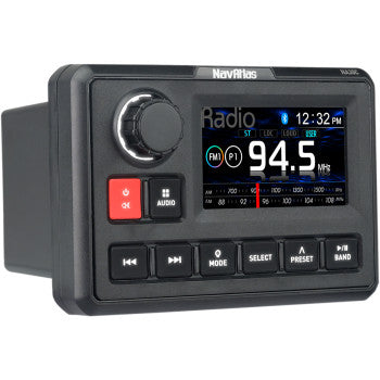 The Navatlas AM FM Weather Band Radio Bluetooth features HD radio, weather band, a display showing Radio 94.5 MHz and the time 12:32 PM, buttons for audio, mode, select, preset, FM, and band, plus a large left knob.