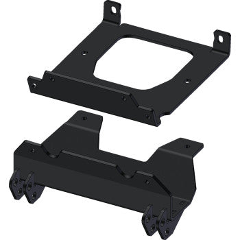 3D rendering of the Polaris RZR Plow Mount by Kfi Products, shown as two black metal brackets with multiple mounting points, angular design, and engineered for quick removal during installation or maintenance. Ideal for UTV plow setups.