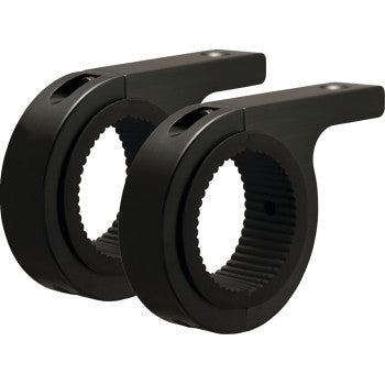 The Clamp Mount 2 Pair by Vision X features two black, circular metal clamps with ridged interiors and adjustable mounting design, shown side by side against a white background.