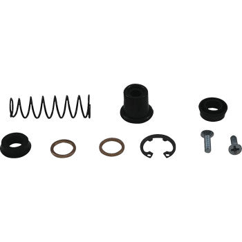Brake master cylinder rebuild kit with black rubber seals, metal spring, copper washers, and small metal clips and screws.