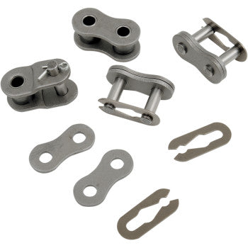 The 420 Chain Repair Kit by Parts Unlimited, featuring metal bicycle chain links and clip connectors for chain repair or maintenance, is displayed on a white surface to highlight its key components and multiple views.