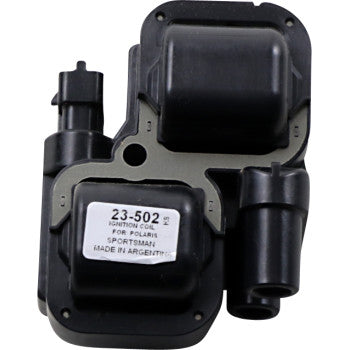 The Polaris Ignition Coil by Ricks Motorsport Electric is a black, box-shaped OEM part for Sportsman models, with a white label showing part number 23-502, two cylindrical connectors, and is made in Argentina.