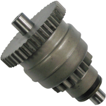 Metallic cylindrical starter drive with toothed gears on top and bottom shafts.