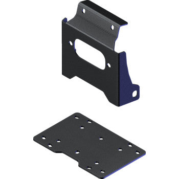 The Honda Winch Mount by Kfi Products includes a black metal ATV winch bracket with a raised edge and central cutout, and a flat steel mounting plate with multiple holes for mechanical or electronic assembly.