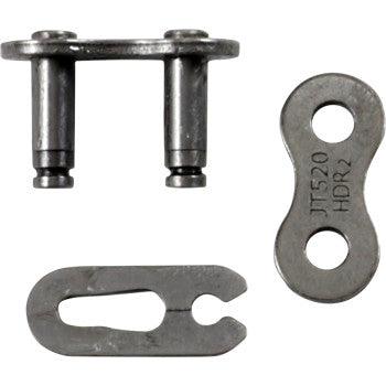 Three metal parts of the 520 HDR DR Super Replacement Master Link Clip by JT Chains—a connector plate with two pins, a clip, and a flat outer plate marked “JT520 HDR2”—are arranged separately on a white background.