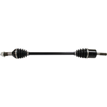 Black metal axle shaft with rubber protective boots on both ends, designed for Can Am Defender front left side.