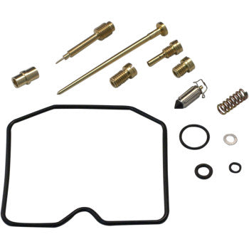 The Kawasaki Carburetor Repair Kit by Shindy includes jet needle sets, float valves, brass jets, needles, springs, rubber O-rings, seals, and a gasket are displayed on a white background.