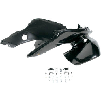 Glossy black Maier Front Fender, featuring a curved design and made from high-density polyethylene, displayed with mounting hardware (bolts, washers, brackets) on a white background.