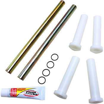 The A-Arm Bearing Kit Front Upper by Pivot Works includes two metal rods, four white plastic sleeves, three black O-rings, and a tube of grease for steering control, all displayed on a white background.
