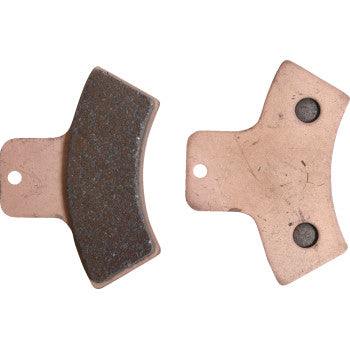 Two Sintered Brake Pads by All Balls are shown—one features the textured friction surface, the other reveals the smooth backing plate with two circular indents and a mounting hole, highlighting excellent stopping power and long life.