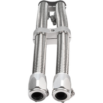The Oil Hose Upgrade Kit - Stainless Steel - 6 by Jagg Oil Coolers is shown side by side with flexible braided hoses, metal connectors, and a central bracket against a white background—ideal for oil cooler or hose upgrades.
