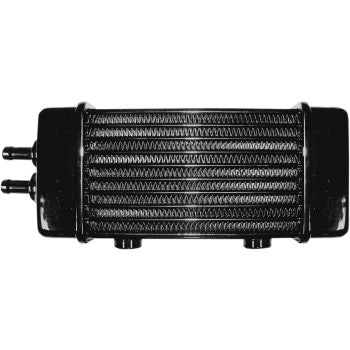 The Universal Oil Cooler - 10-Row - Gloss Black by Jagg Oil Coolers features multiple horizontal fins and two inlet/outlet connectors on the left side, shown from the front against a white background.