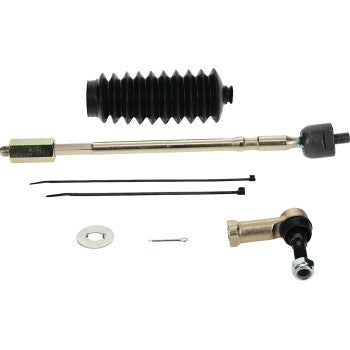 The Tie Rod End Kit Left & Right Hand by Moose Offroad includes tie-rod ends, a black rubber boot, metal rods, zip ties, washer, cotter pin, and joint piece—displayed on a white background.