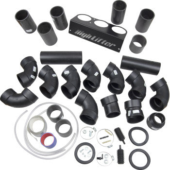The Polaris ATV Snorkel Kit by High Lifter, including black ABS pipes, elbows, connectors, a labeled metal plate, rubber rings, tubing, screws, and air intake accessories, is neatly arranged on a white background.