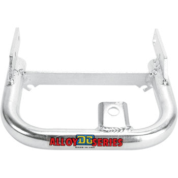 The Honda TRX Fat Grab Bar by Dg Performance features a silver metal step bracket for oversize 1-1/4" tubing, mounting holes on both sides, and "ALLOY D SERIES" printed on the front in red and blue letters.