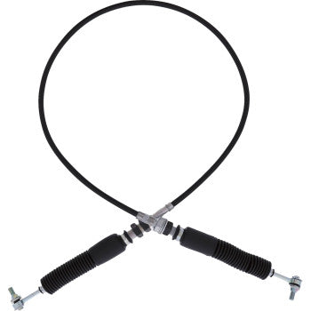 The Polaris RZR Shift Cable by All Balls is black with a steel inner casing and two flexible ends featuring metal connectors, forming a loop with the ends crossing at the bottom.