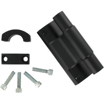 Powermadd Powerriser 475 Pivoting Handlebar Risers, 2" x 4-3/4", for oversized handlebars, with black metal dual pivot hinge, curved bracket, rectangular plate, and four silver bolts—shown on a white background.