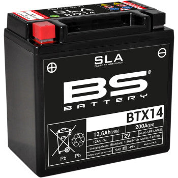 Black rectangular battery with red and black terminals, labeled "BS Battery BTX14" and technical specifications in white.