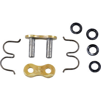 The Renthal ATV 520 R4 Z Ring Chain Replacement Connecting Master Link Rivet kit includes a connecting link, two metal plates, two rivet pins, four Z-rings, and two clip connectors, all shown on a white background.