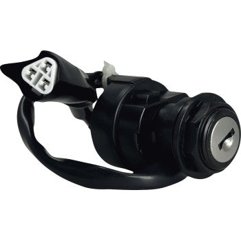 Black cylindrical ignition switch with metal key slot and attached wiring harness with white plastic connector.