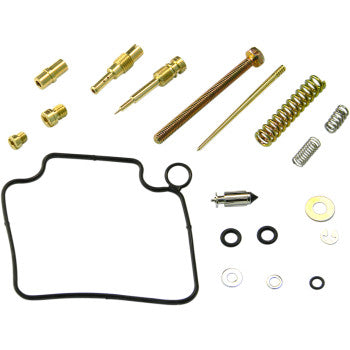 The Honda Carburetor Repair Kit by Shindy includes float valves, jet needle sets, springs, rubber gaskets, O-rings, washers, and assorted brass parts—all neatly arranged on a white background.