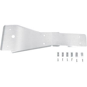 The Yamaha Full Skid Plate by DG Performance features a silver aluminum mounting bracket with multiple holes, plus six screws and six rectangular clips arranged for easy installation and reliable engine protection.
