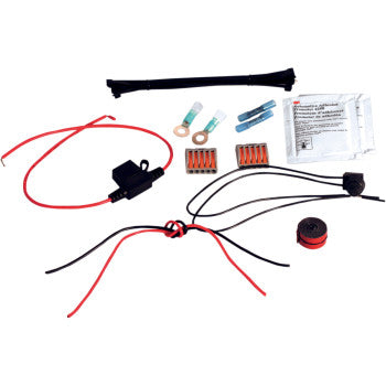 Leverlocks™ Accent Light Installation Kit by Custom Dynamics includes red and black wires, connectors, zip ties, fuse holder, split loom tubing, wire nuts, and a sealed packet—ideal for LED accent lighting—shown on a white background.