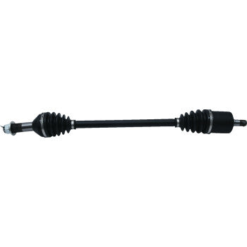 The Can Am Defender Axle Kit Complete 8 Ball Extreme Duty Front Right by All Balls is a black automotive drive shaft with rubber boots, stronger axle, and precision 8 ball bearings for efficient torque transfer to wheels.