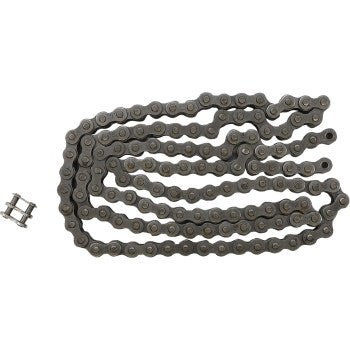 The 428 HDR Heavy Duty Drive Chain Steel 126 Links by JT Chains is displayed coiled on a white background, with a separate master link to the left, highlighting its premium power transfer capability.