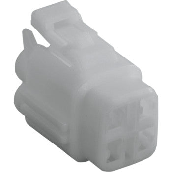 A close-up of the Namz MT Series Connector 4 Position Female, a white plastic connector with four square openings, designed for joining wires in electronic, automotive, or custom applications.