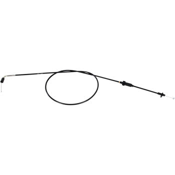 The Polaris Black Vinyl Throttle Cable by Moose Offroad features metal ends, a curved section, a looped middle, and a pre-lubricated nylon inner sleeve. Black PVC construction shown isolated on a white background.