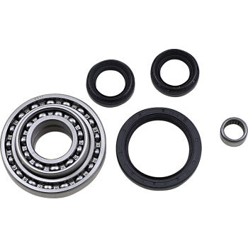 Set of five black rubber seals and metallic silver ball bearing for differential front axle.