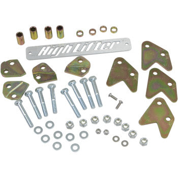 Assorted metal brackets, bolts, nuts, washers, bushings, and a High Lifter nameplate for the Lift Kit 2.00 Front Back by High Lifter are displayed on a white background—components for increased ATV ground clearance.