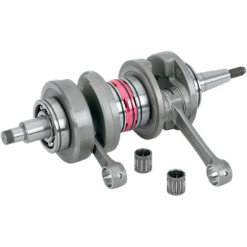 The Yamaha Crankshaft Assembly OEM Stroke by Hot Rods, featuring metal construction, Hot Rods connecting rods, crankshaft webs, ball bearings, and needle roller bearings, is shown on a white background and meets OEM specifications.