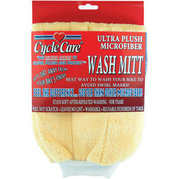 A yellow ultra-plush microfiber Wash Mitten by Cycle Care Formulas comes in packaging highlighting its softness, durable design, and use for cleaning bikes without causing swirl marks.