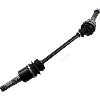 Black metal CV axle shaft with rubber boots on both ends and a small silver pin alongside it.