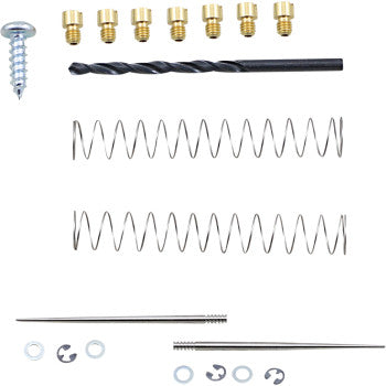 Kawasaki Jet Kit Stage 1 with brass jets, black drill bit, two coiled springs, needle valves, and small metal washers and.