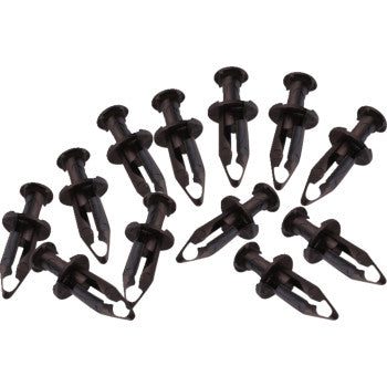 Twelve Rivets by Quad Logic are shown on a white background. This 12-pack features black plastic panel clips with round heads and prongs for easy, push-to-lock installation and secure vehicle panel attachment.