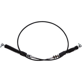 The Polaris RZR Shift Cable by All Balls is a black PVC cable with metal and rubber fittings, arranged in a loose loop and featuring a pre-lubricated nylon sleeve for smooth shifting performance.
