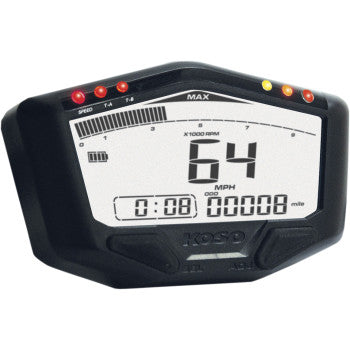 The DB-02 Off Road Speedometer by Koso North America displays 64 MPH, an odometer at 8 miles, and has illuminated indicator lights. This dirt bike speedometer features a black casing and a clear white LCD screen.