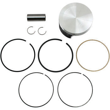 The Honda Piston Kit 103.00 mm by Wiseco includes a forged piston, piston pin, two circlips, and five rings, all arranged on a white background to boost engine performance.