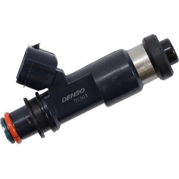 Black and silver cylindrical fuel injector with orange seal ring and electrical connector end.