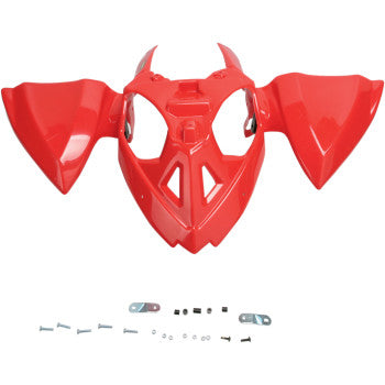 Bright red plastic front fender with angular design and vented center, includes mounting hardware.